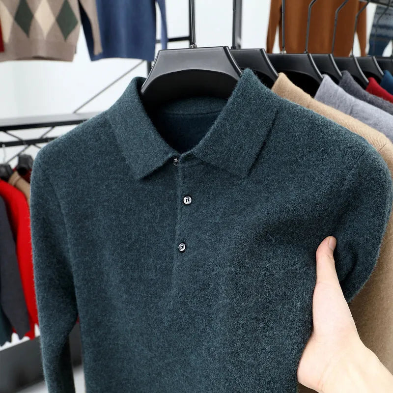 Men's turn-over collar polo shirt knitwear in fancy twill camel with long sleeves