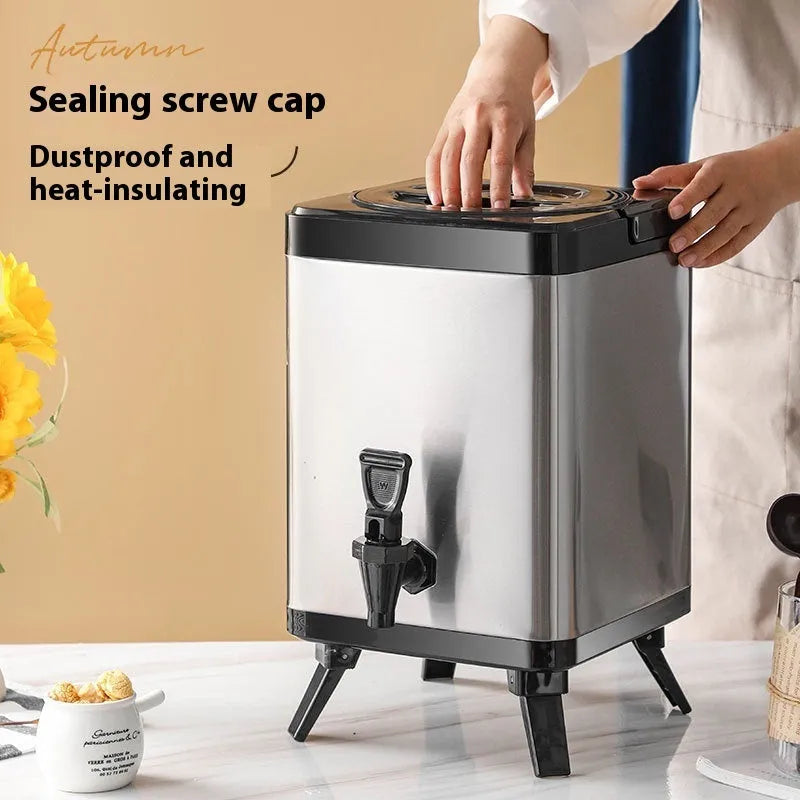 Square stainless steel milk tea bucket with locking lid, 8 litre capacity, silver finish
