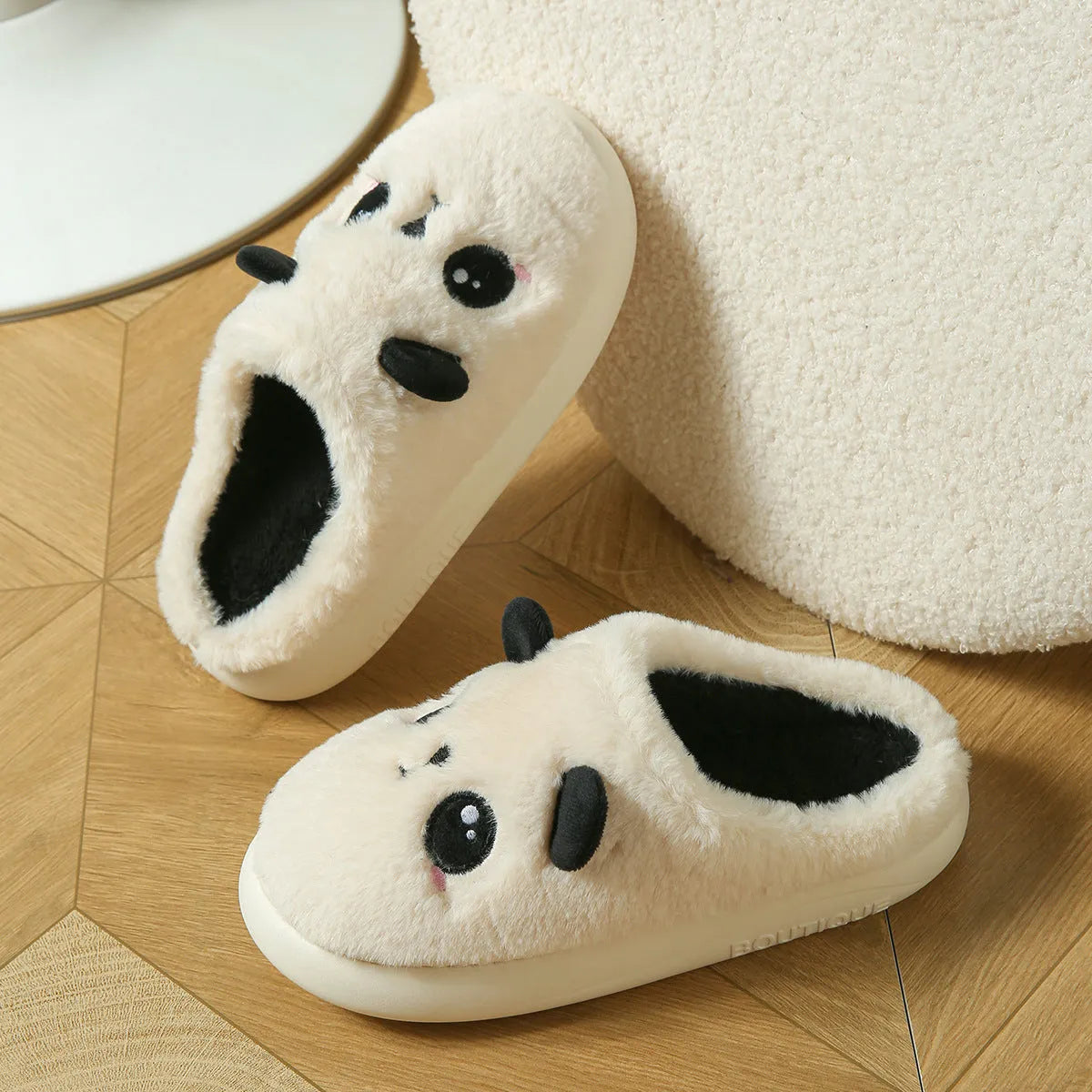 Panda-themed cotton and linen toe ring slippers for adults with a non-slip PVC sole.