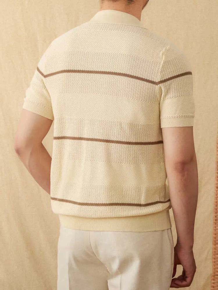 Camel coloured lapel cardigan with short sleeves and knitted cotton linen fabric
