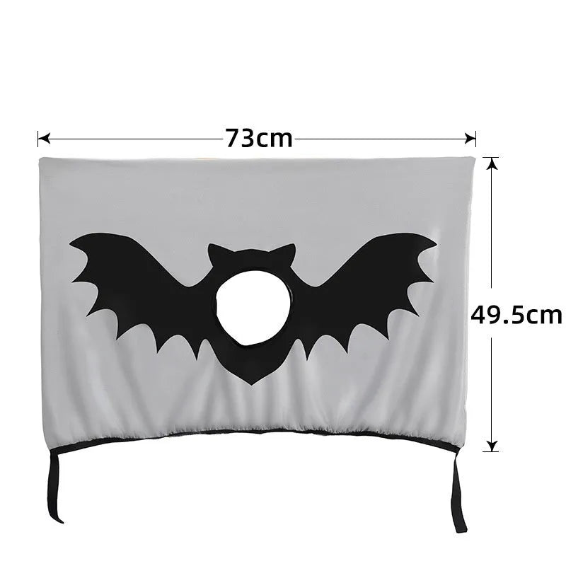 Grey car sun shade curtain with bat pattern and central head hole for dogs, installed on a car window