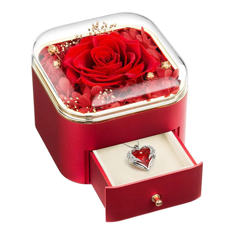 Valentine's Day rose flower drawer jewellery box with preserved real rose and matching love crystal necklace