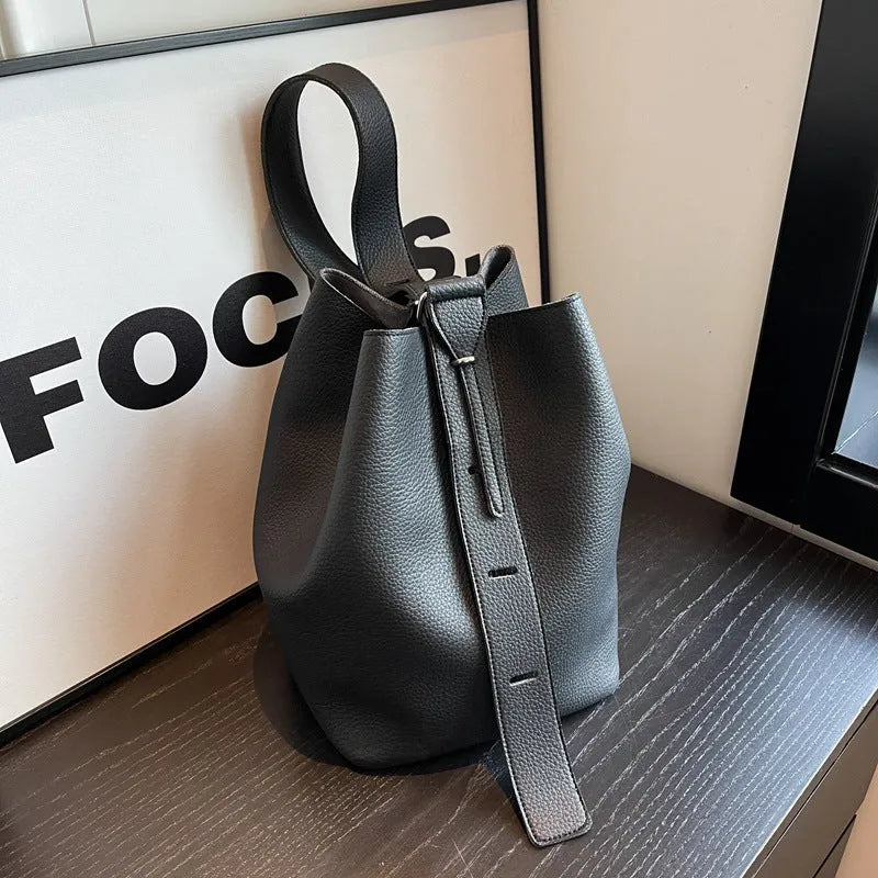 Soft PU retro niche bucket bag in beige, square vertical shape, double shoulder straps, 33x29x20cm