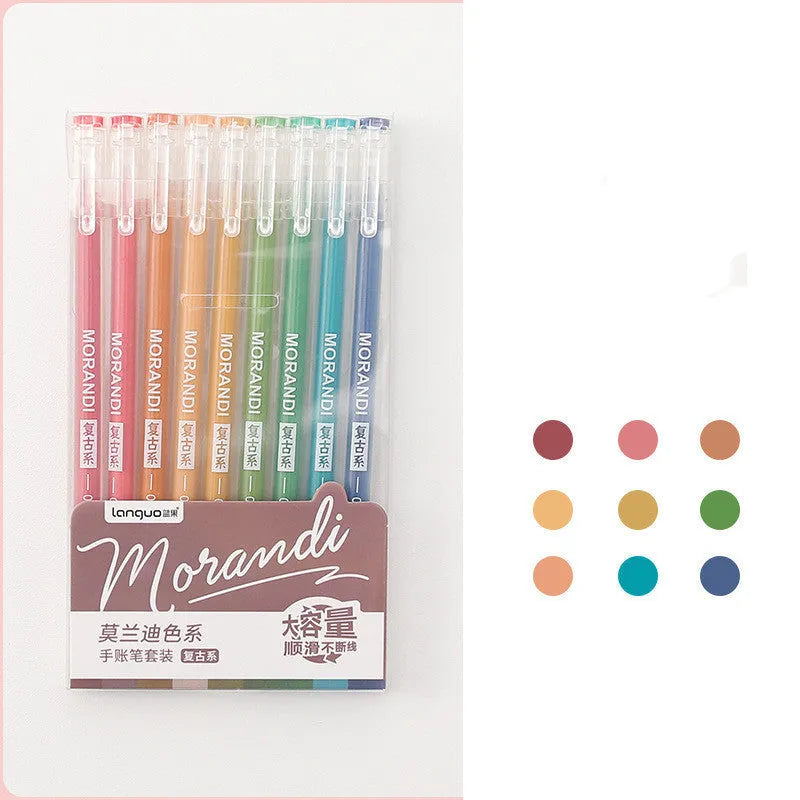 Nine Japanese gel pens in plastic case with 0.5mm needle tips in retro colour theme