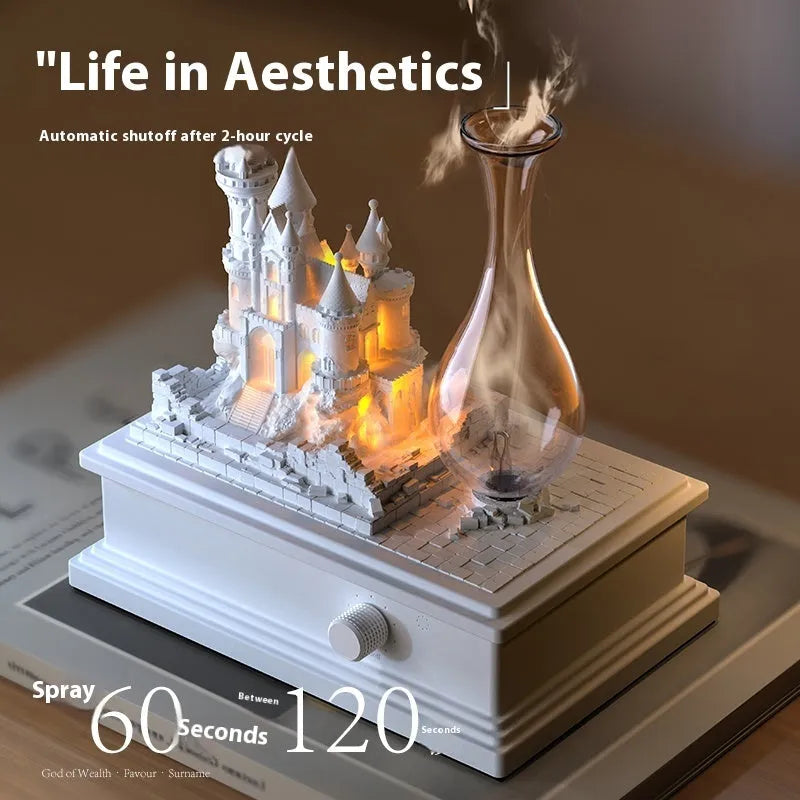 White medieval castle waterless aromatherapy machine with ambient light on a desk.