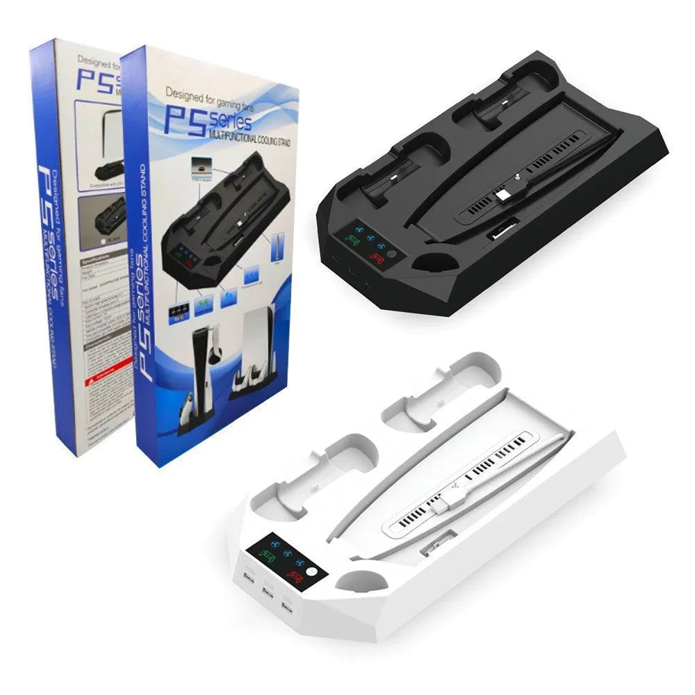 White PS5 charging base dock with two controllers charging and headset storage hook