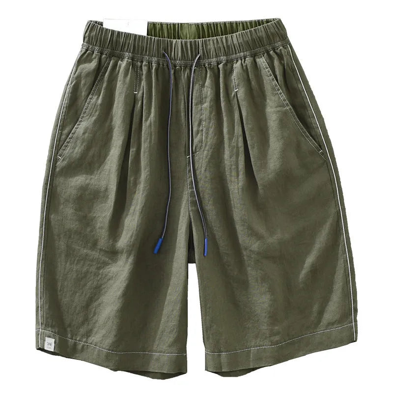 Men's linen casual shorts with loose straight-leg drooping style in black or green colours