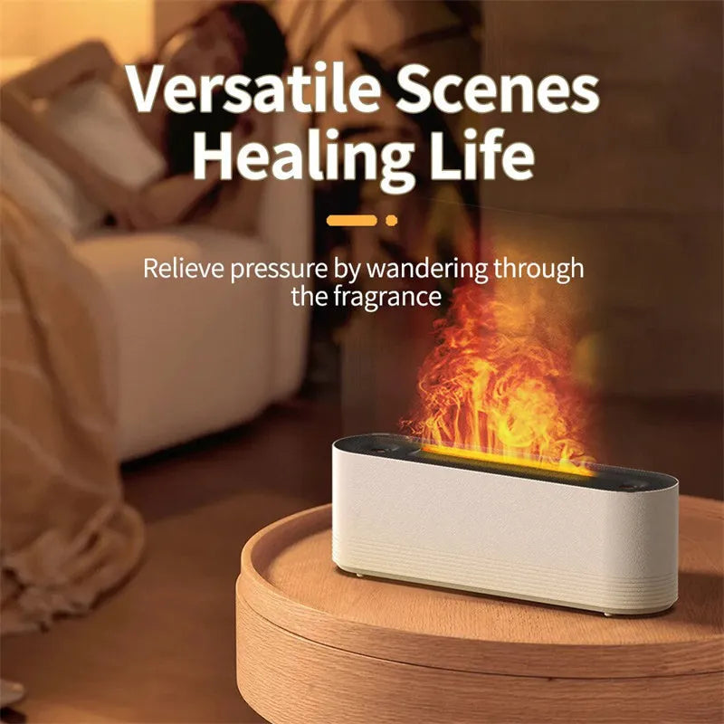 Black Flame Air ultrasonic humidifier with LED lights creating mist and flame effects on wooden surface