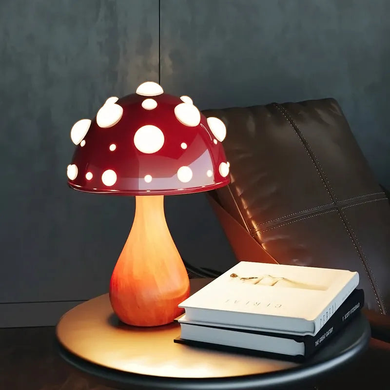 Mushroom decorative table lamp with tri-colour light on a bedside table, white base option, modern simplicity style