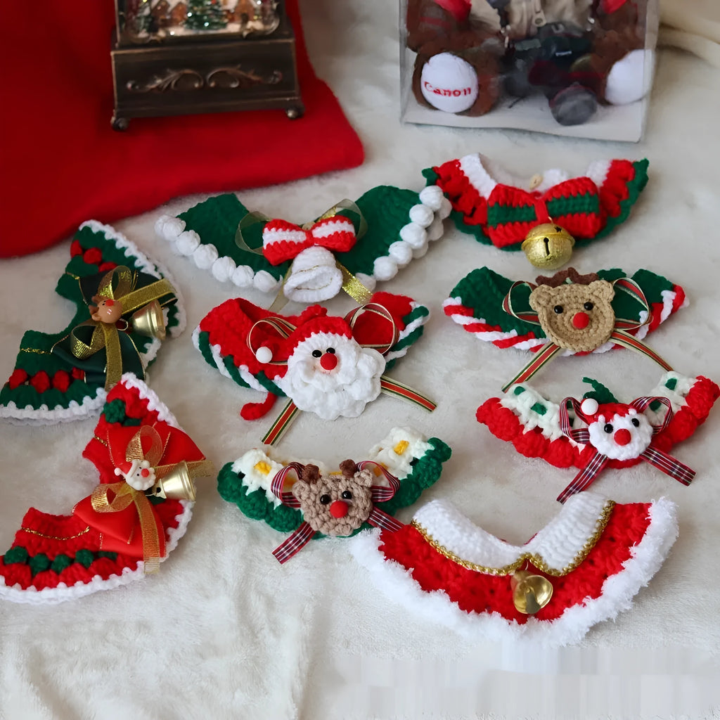 Knitted wool Christmas scarf for pets featuring festive patterns like striped Santa and elk, shown attached to a dog collar.