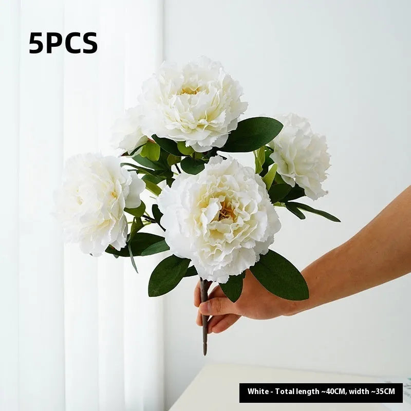 40cm artificial silk peony 5-head bouquet in light champagne colour on white background