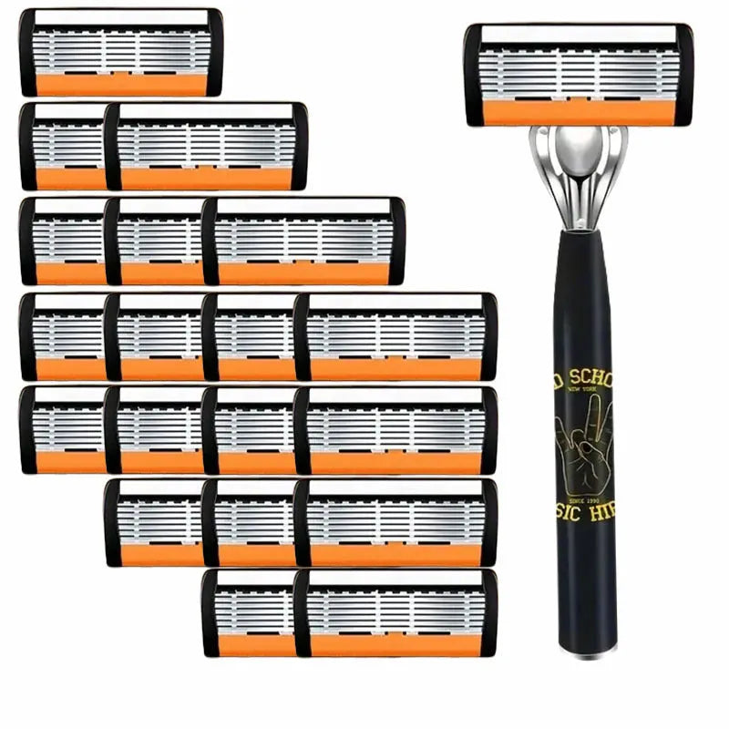 Black manual shaver holder with six-layer finger grip handle and multiple blade rests