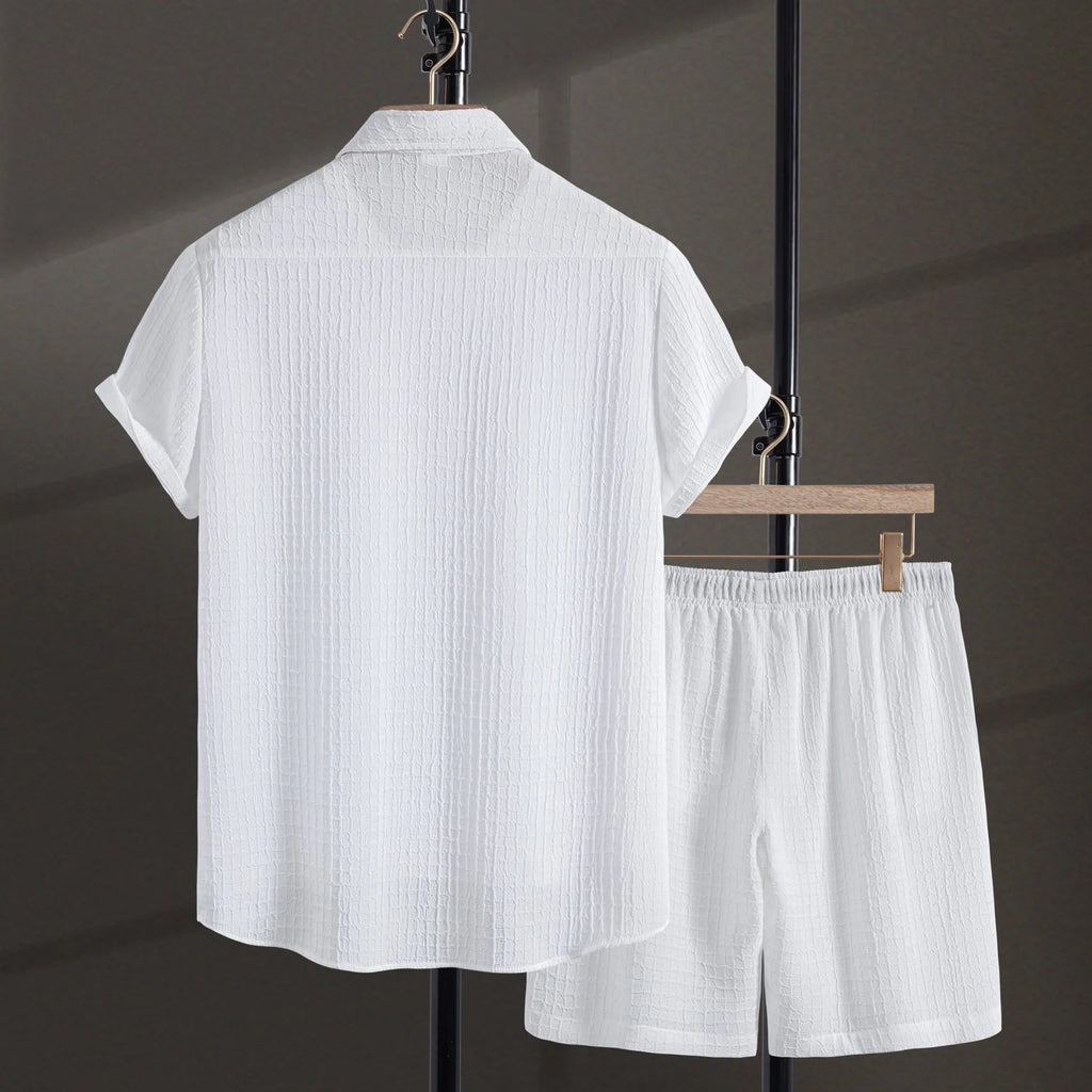 Men's white cotton blend short sleeve shirt and shorts casual suit set