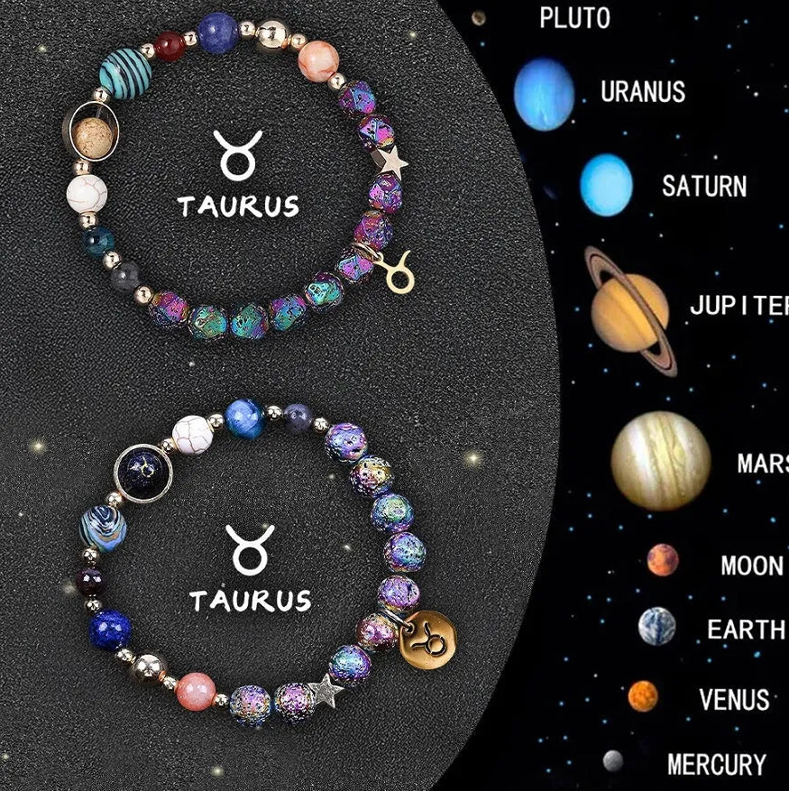 Natural stone beaded bracelet showing an adjustable strap with a zodiac charm, available in twelve astrological sign styles.