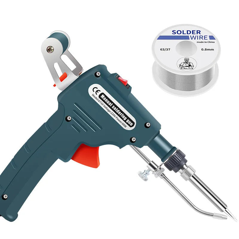 Handheld electric soldering gun with plastic handle, anti-static tweezers, and desoldering tool on a workbench
