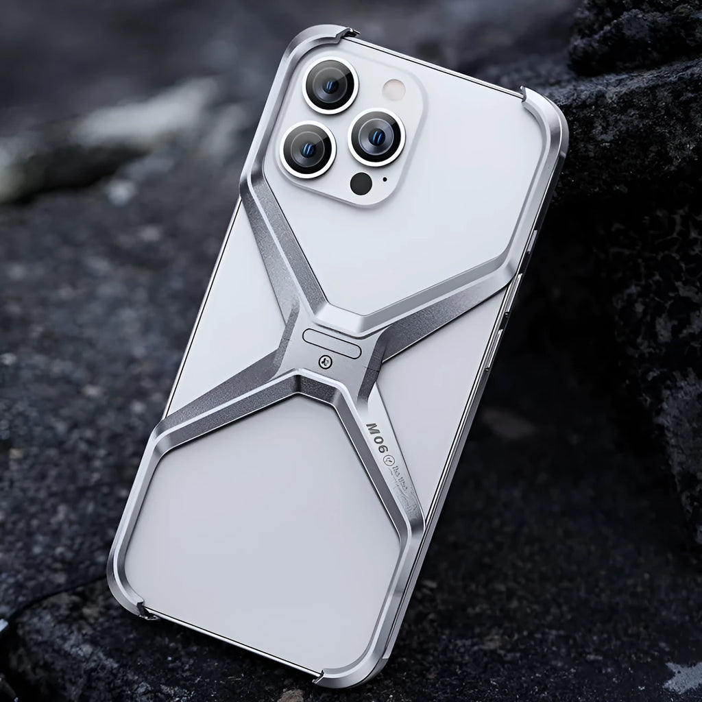 Aluminium alloy phone case with hollow-out frameless heat dissipation design for iPhone 14, 15, 16 series