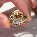 Women's gold-colour copper ring with embossed feather design and inlaid yellow zircon stones in geometric shape