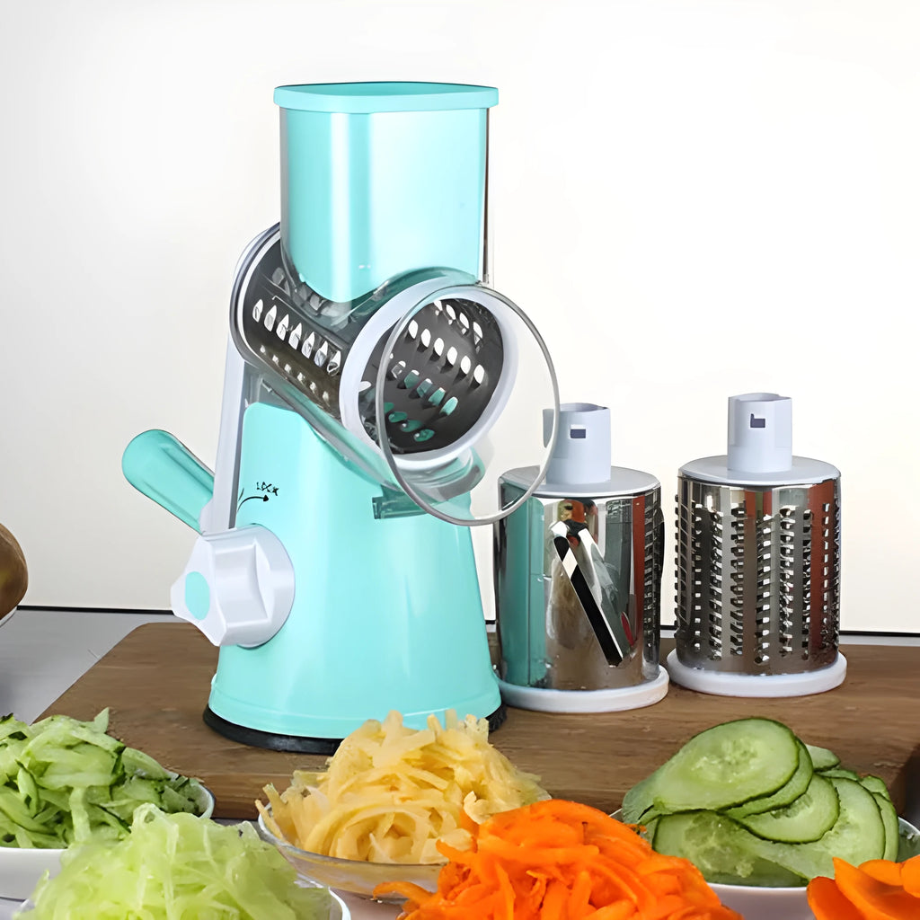 Manual round kitchen mandoline slicer with stainless steel blades in blue colour
