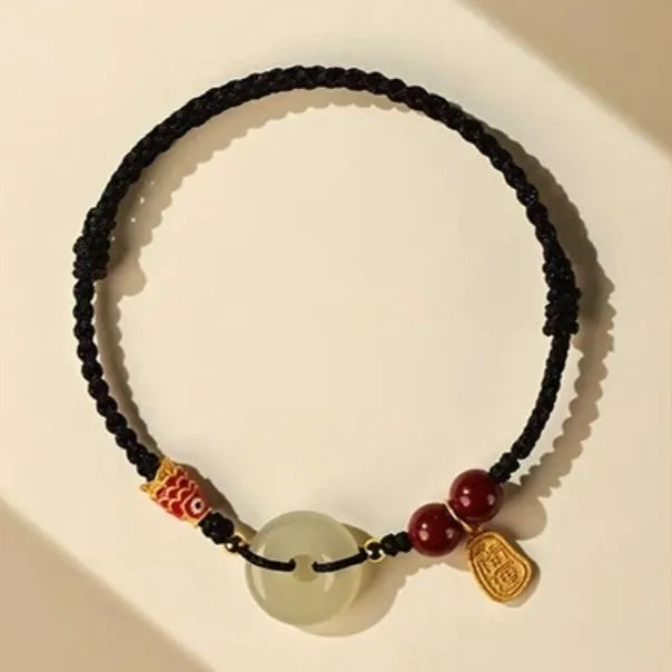 Hetian Jade peace buckle bracelet with colourful braided rope and 10mm geometric pendant