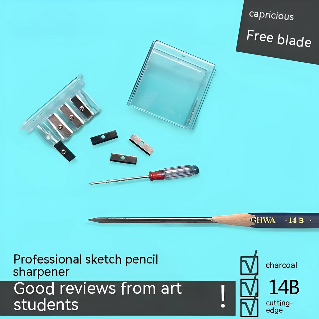 Geometric shaped four-hole plastic pencil sharpener for art sketching with built-in screwdriver tool.