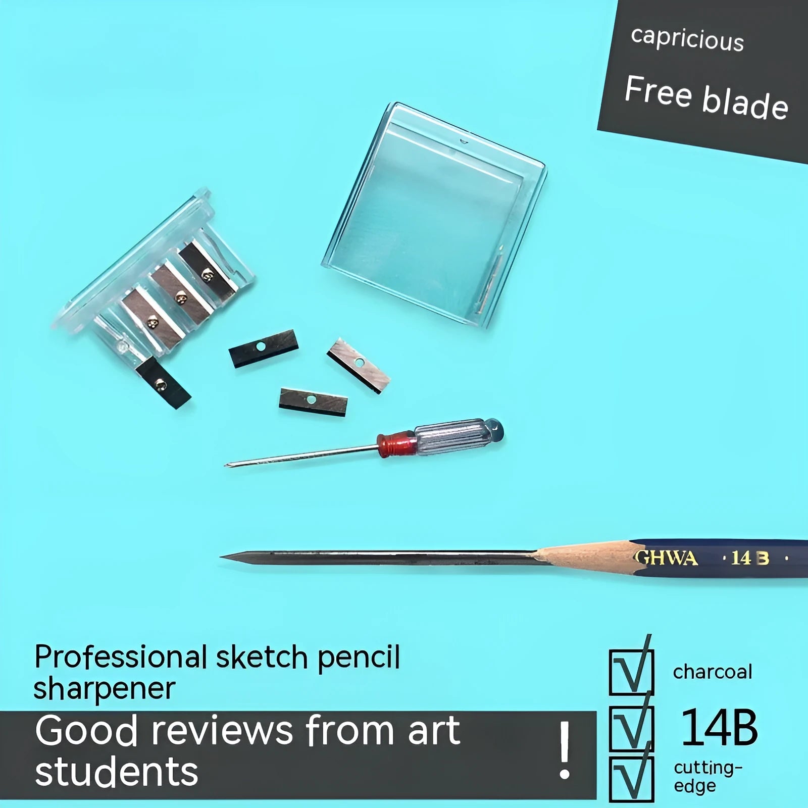 Geometric shaped four-hole plastic pencil sharpener for art sketching with built-in screwdriver tool.