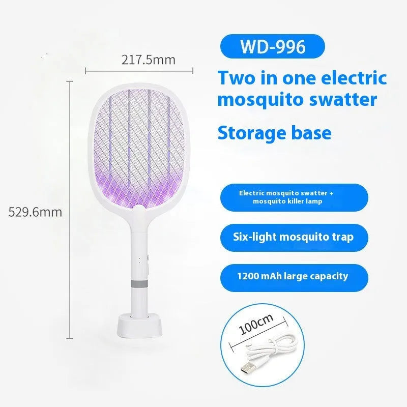 Rechargeable electric mosquito swatter in hand, showing ABS plastic shell and metal grid.