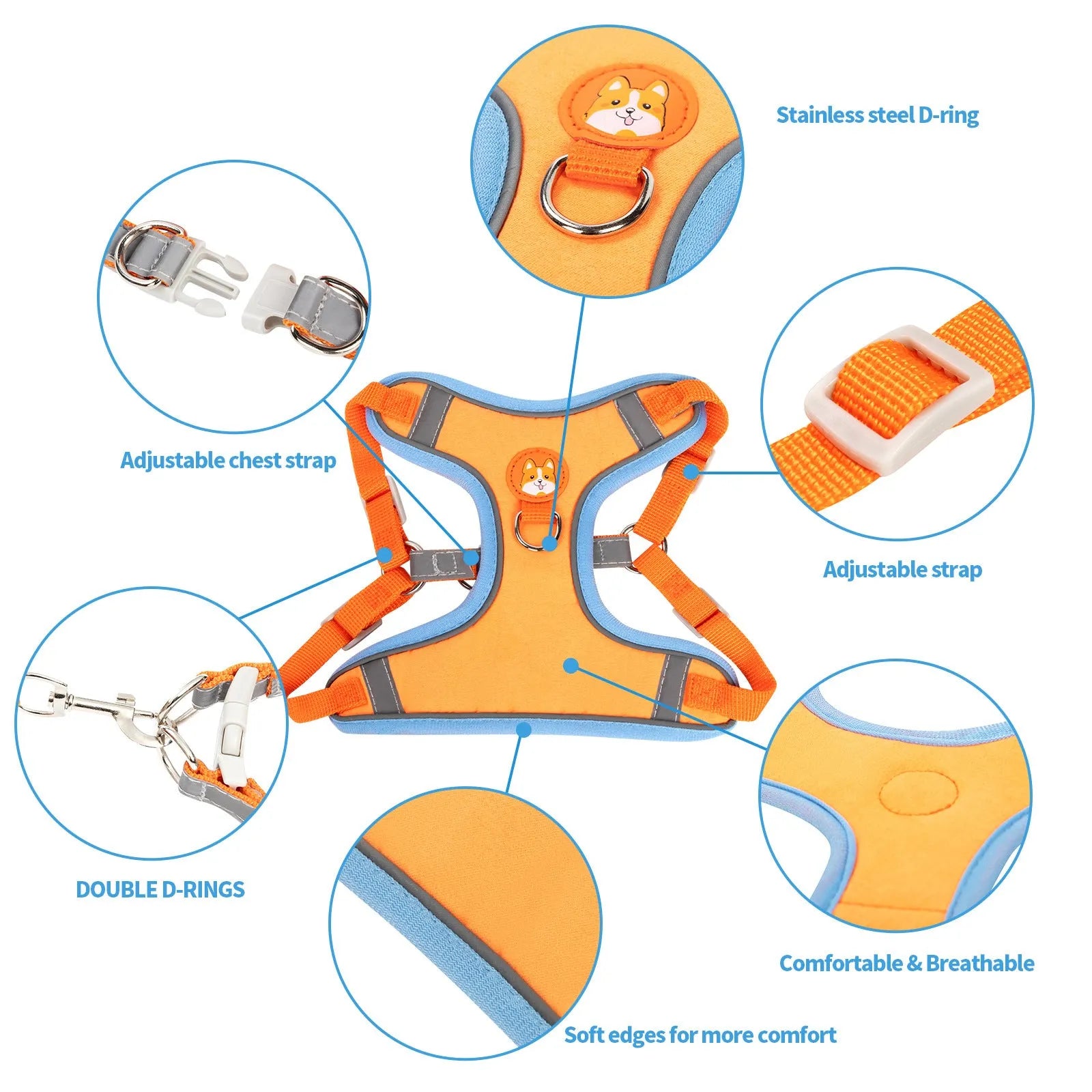 Adjustable dog harness with haulage rope system and chest strap in multiple colour options