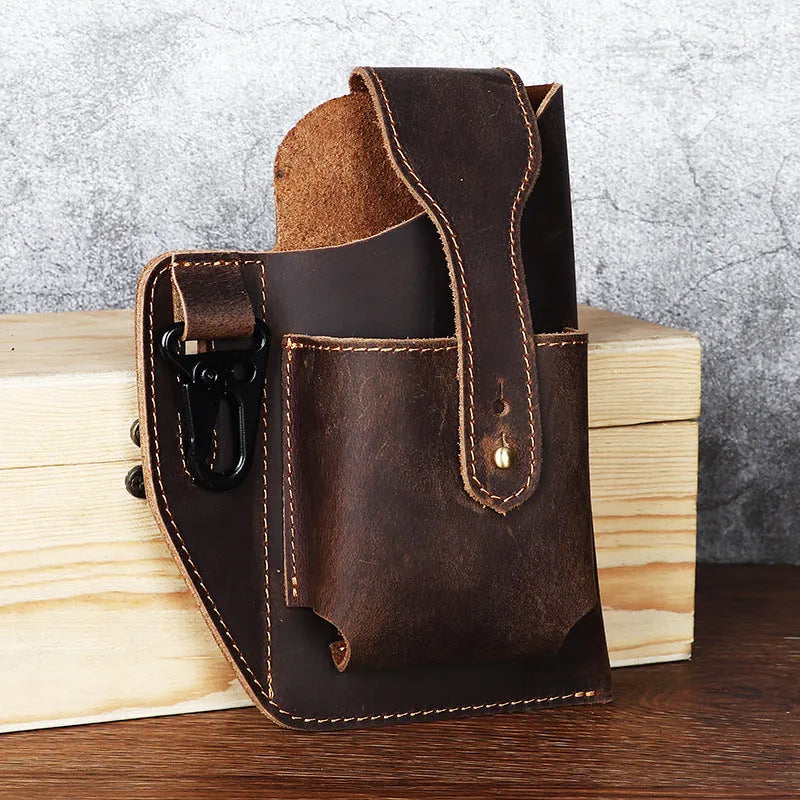 Men's retro leather hanging belt bag in cowhide with car suture detailing and cover opening for mobile phone storage