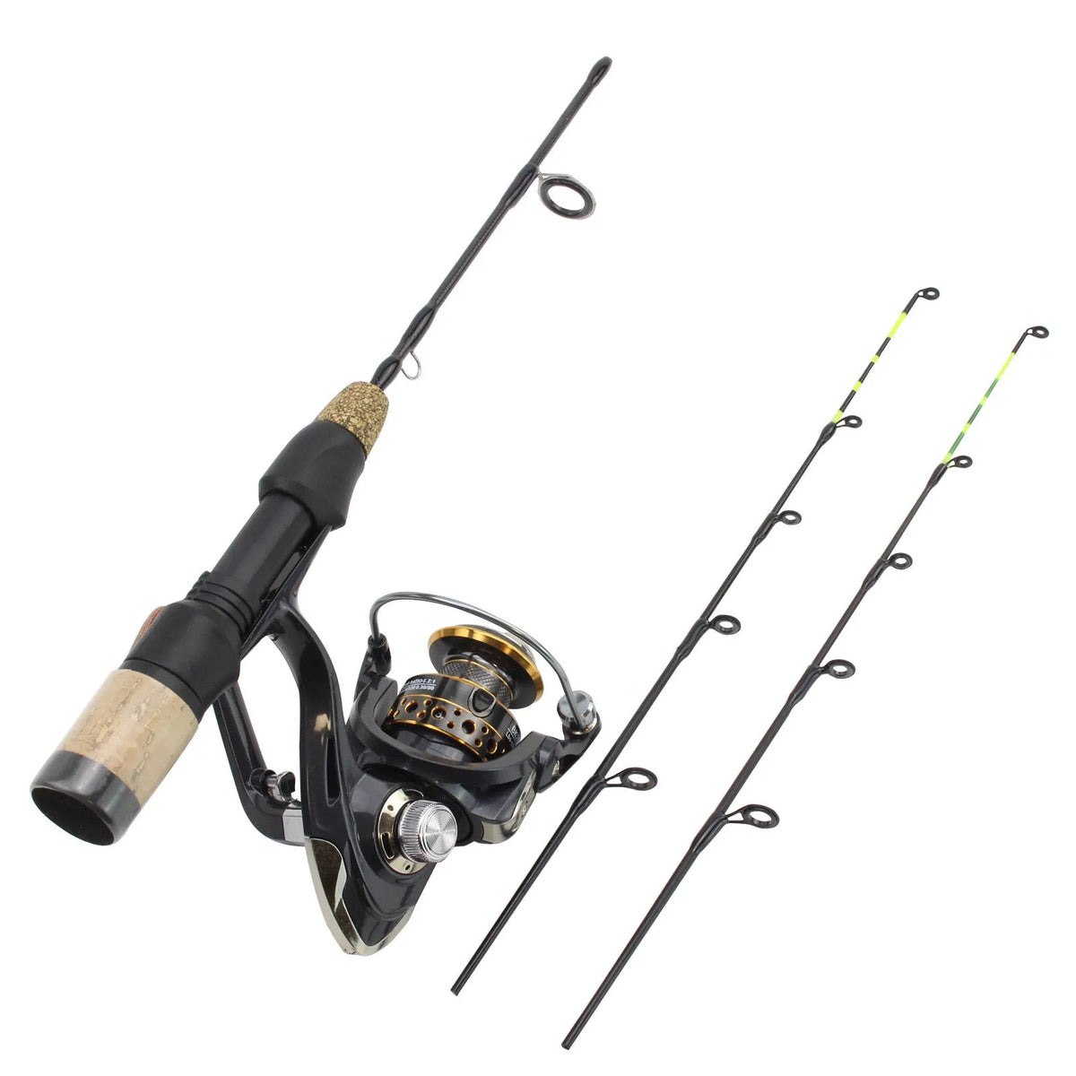 Double tip ice fishing rod with spinning wheel, 60cm length, 2 sections, hard action, single pole colour