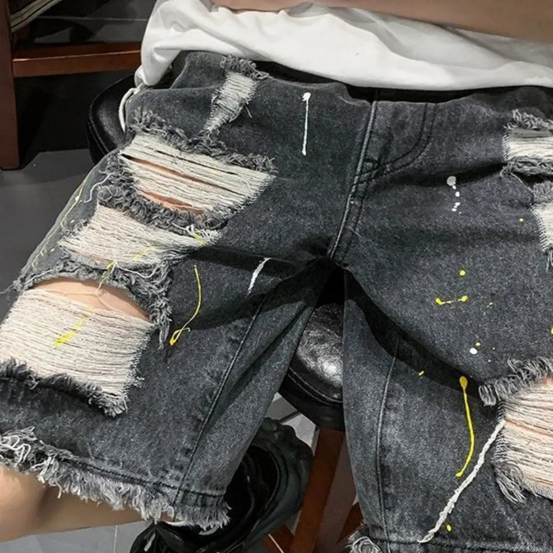 Men's casual cotton blend denim shorts with water washed hole details in light blue, loose fit fifth pants