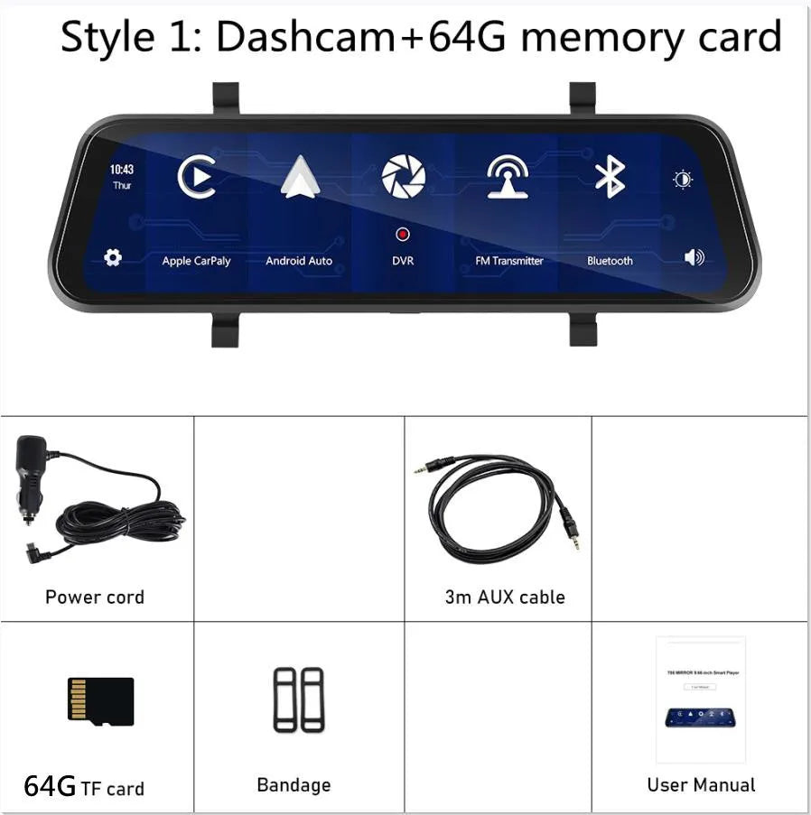 9.66-inch in-mirror driving recorder and video player mounted in a car