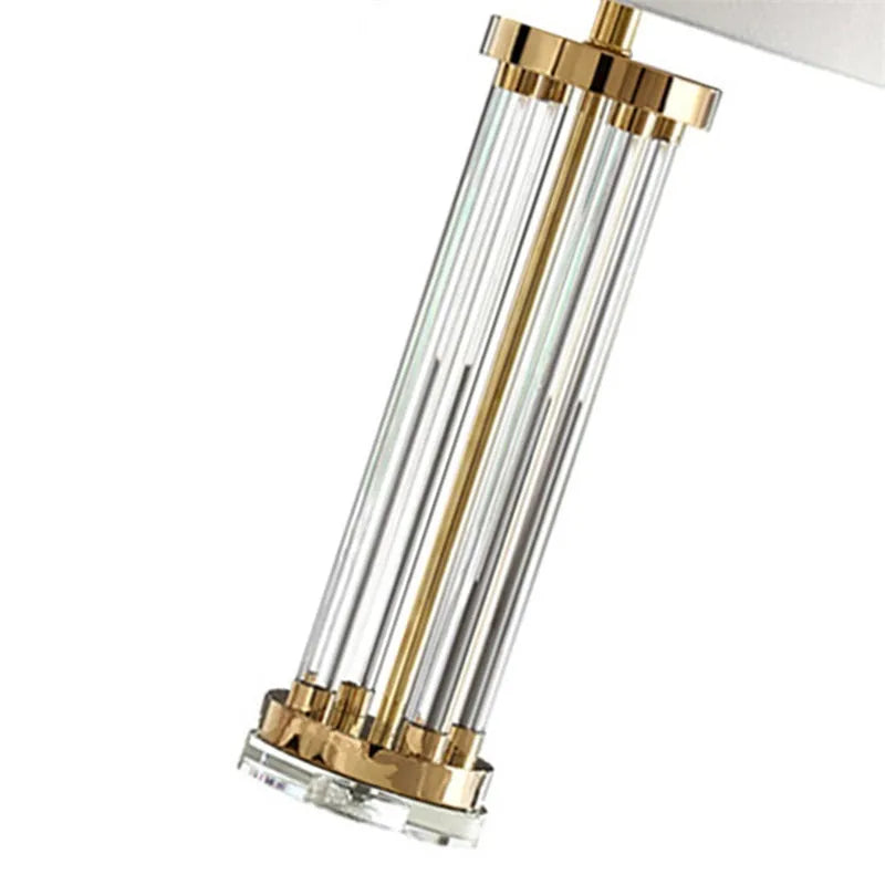 Postmodern luxury crystal column table lamp with remote control on wooden table, 77cm tall