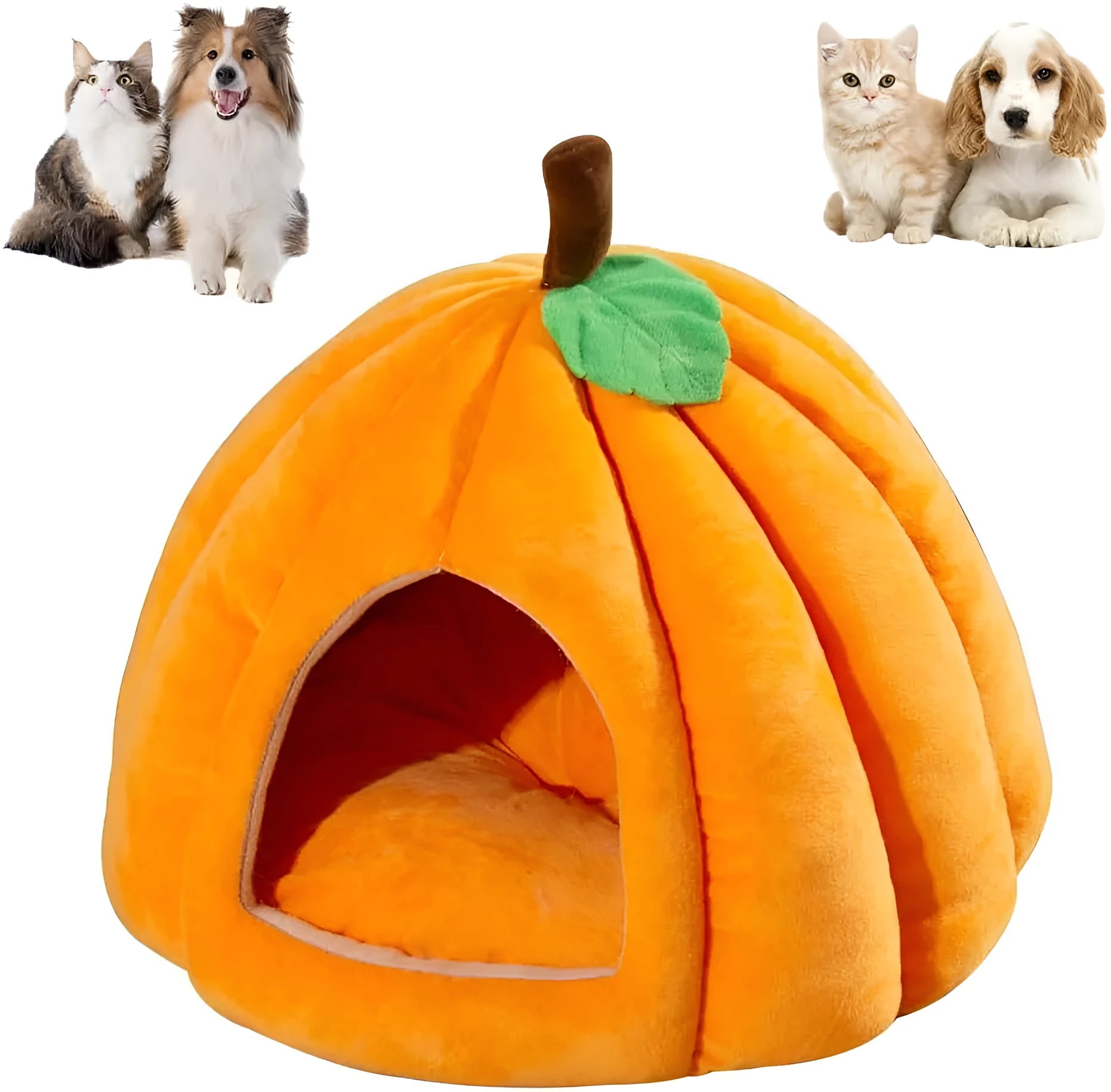 Pumpkin-shaped semi-enclosed cat bed in blue, grey, or yellow with a removable interior mat.