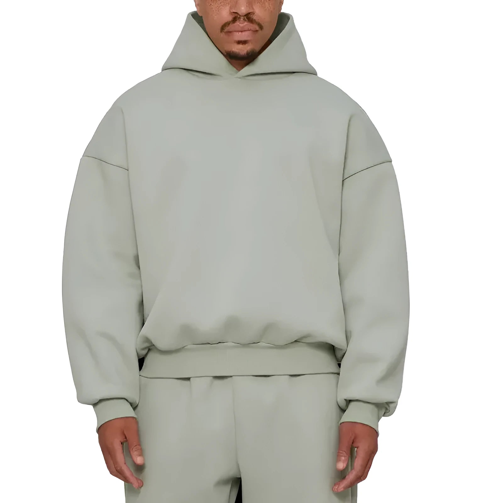 Men's grey fleece-lined cotton hoodie sweater with wool lining, showing pullover design with hood