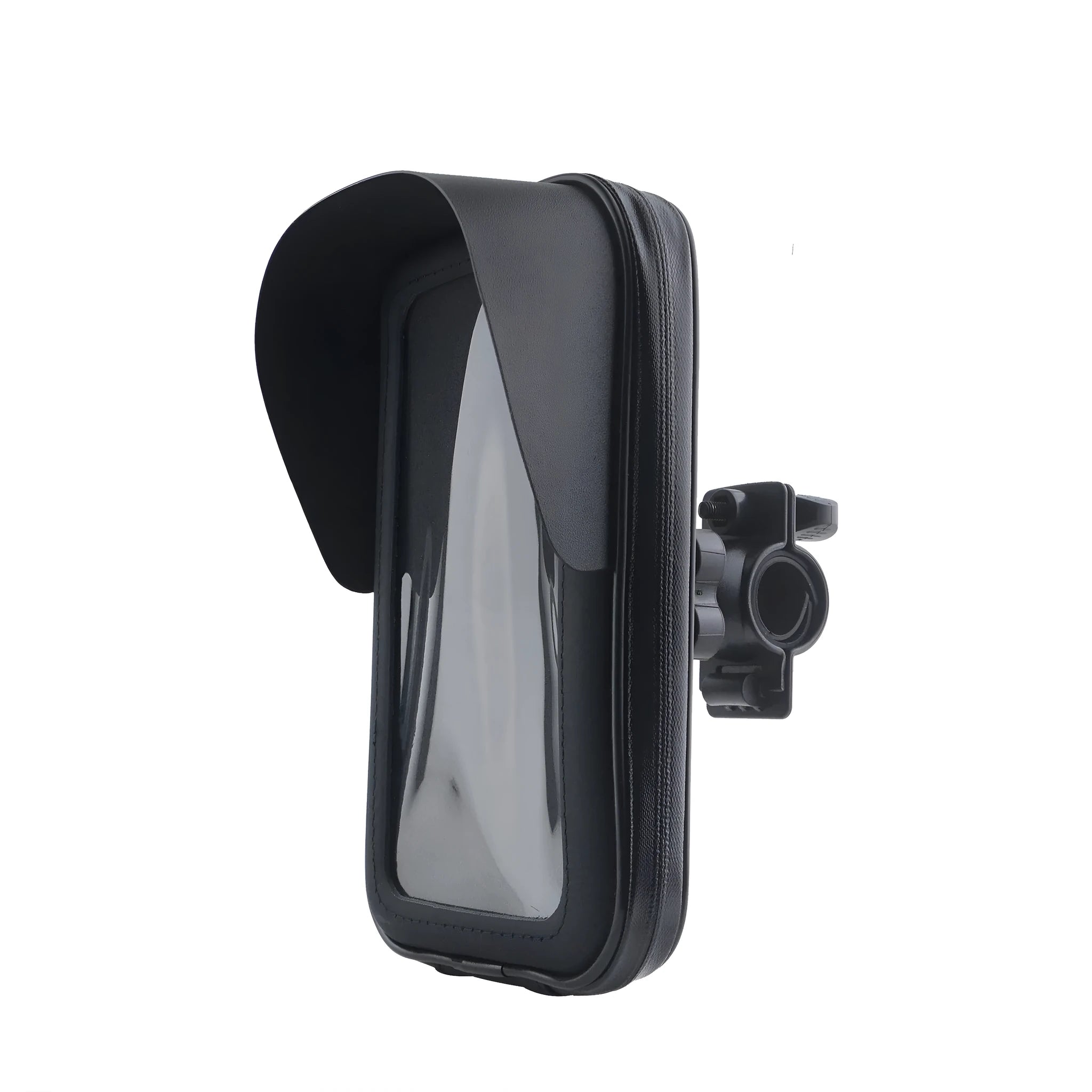 XL black bicycle waterproof phone mount bag made of PU leather, shown on handlebars with sun visor attached.