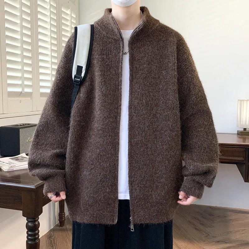 Men's casual stand collar cardigan sweater in beige, Vinylon fabric, loose fit, Asian sizing