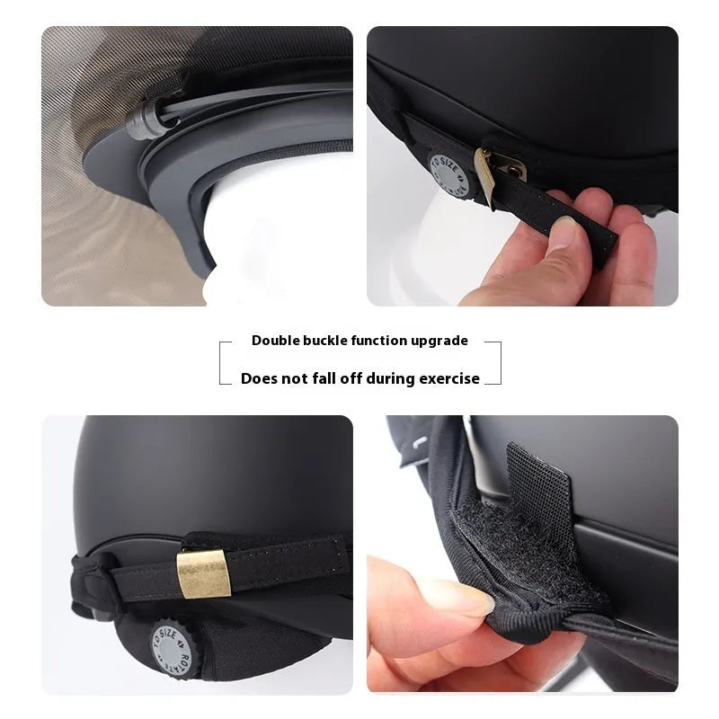 Outdoor riding helmet in black PVC with built-in sun visor, side view, sizes M and L