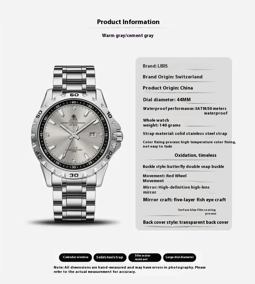 Men's silver case quartz watch with stainless steel strap and luminous hands on black or grey dial