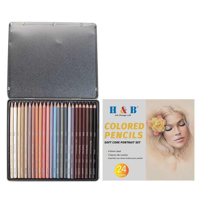 24 skin tone coloured pencils in round tin case for portrait drawing and illustration