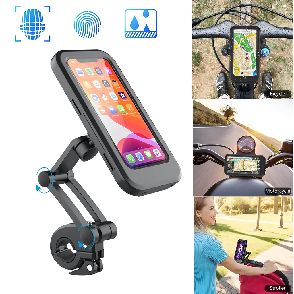 Black waterproof bicycle phone mount with magnetic suction on handlebar holding mobile device