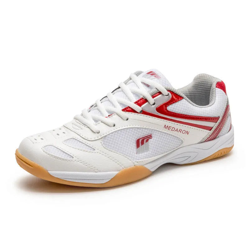 White and blue unisex table tennis training sneaker with lace-up front and rubber sole.