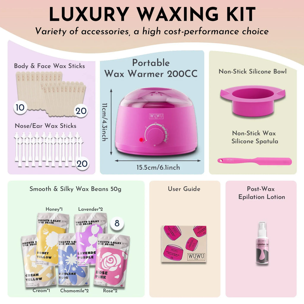 WUWUVISTA 63-piece hard waxing kit with black or pink warmer, wax beans, lotion, and applicator sticks