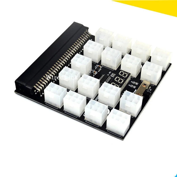 Black server power adapter board with 6-pin connector and multiple wire outputs.