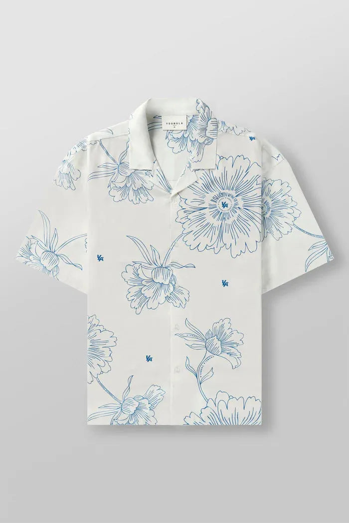 Men's printed casual loose short sleeve top in beige with floral pattern, short sleeves, and cardigan style
