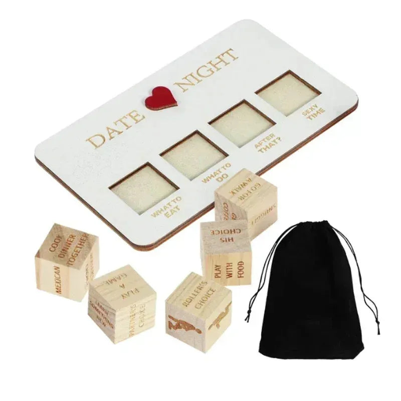 Wooden date night dice set showing five wooden dice, a rectangular planner board, and a black storage bag.
