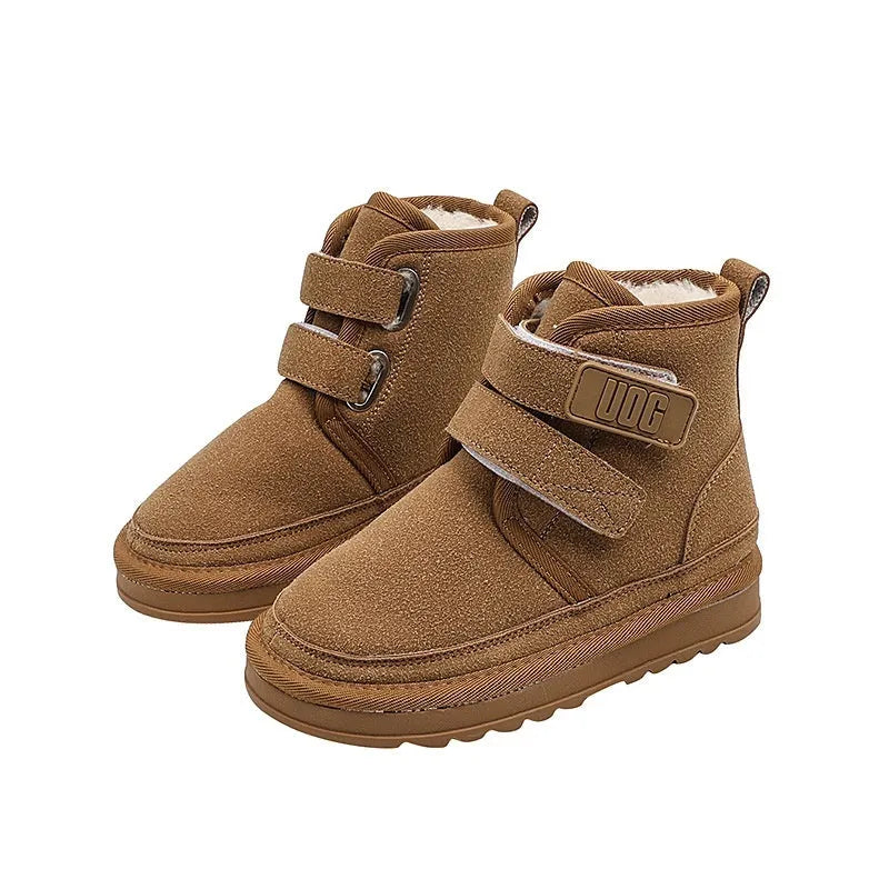 Girls' fleece-lined thick snow boots in solid colour with double Velcro fastening and rubber sole