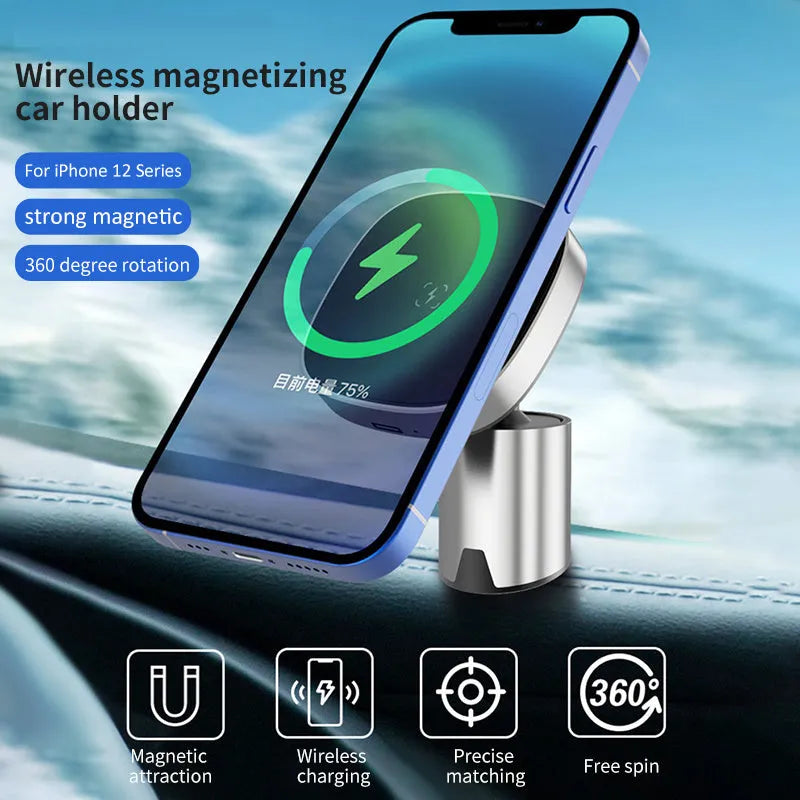 Grey magnetic wireless car phone charger holder for iPhone 12 series on dashboard
