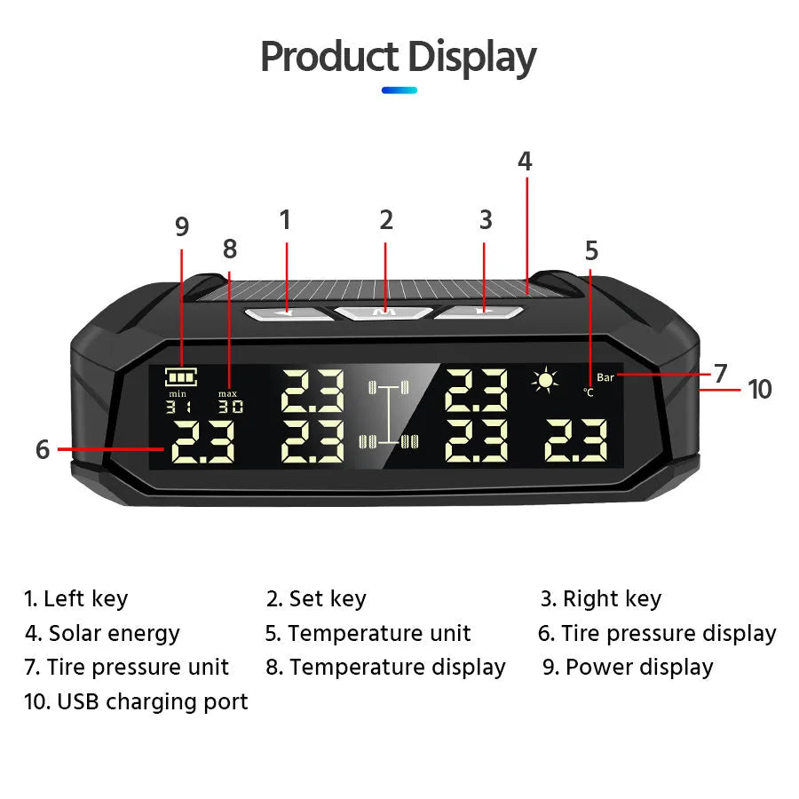 Solar external tyre pressure monitor with six sensors for RV truck, LCD colour display, plastic and copper housing