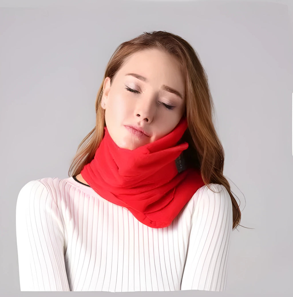 U-shaped travel neck pillow with removable scarf collar in black, grey, navy or red colours