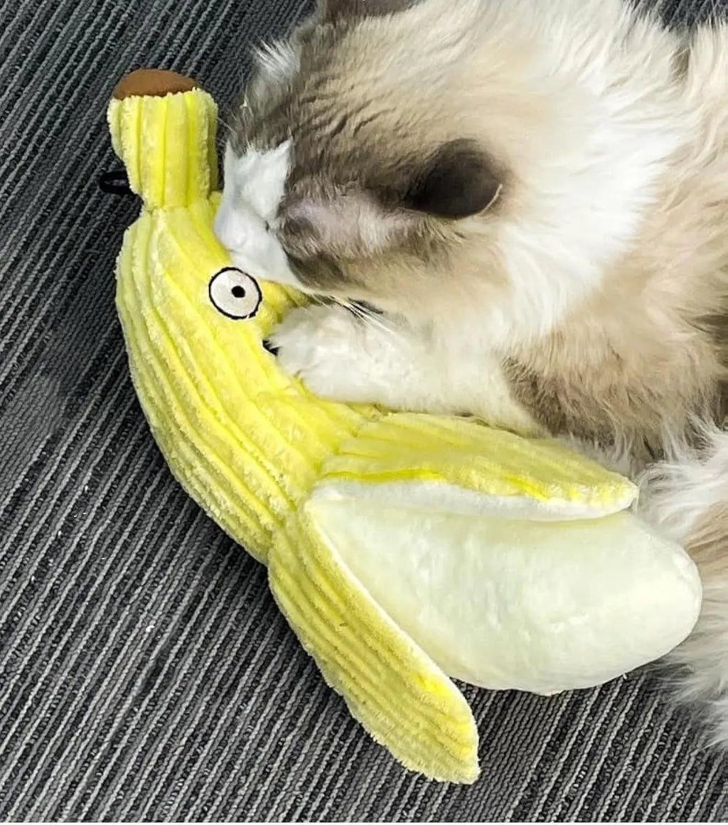 Yellow banana-shaped cat crinkle toy measuring 13 inches long with plush fabric